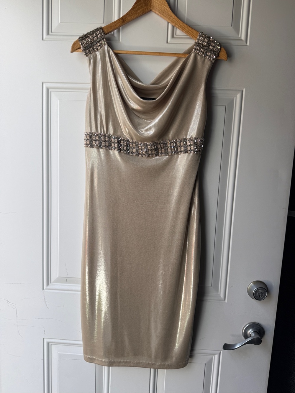 Shimmery Champagne Cowl Neck Midi Dress with Beaded Details
